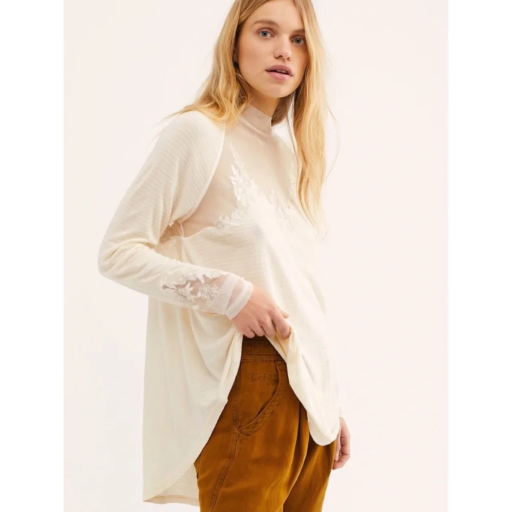 NWT Free People Saheli Embroidered Mesh Floral Top Ecru